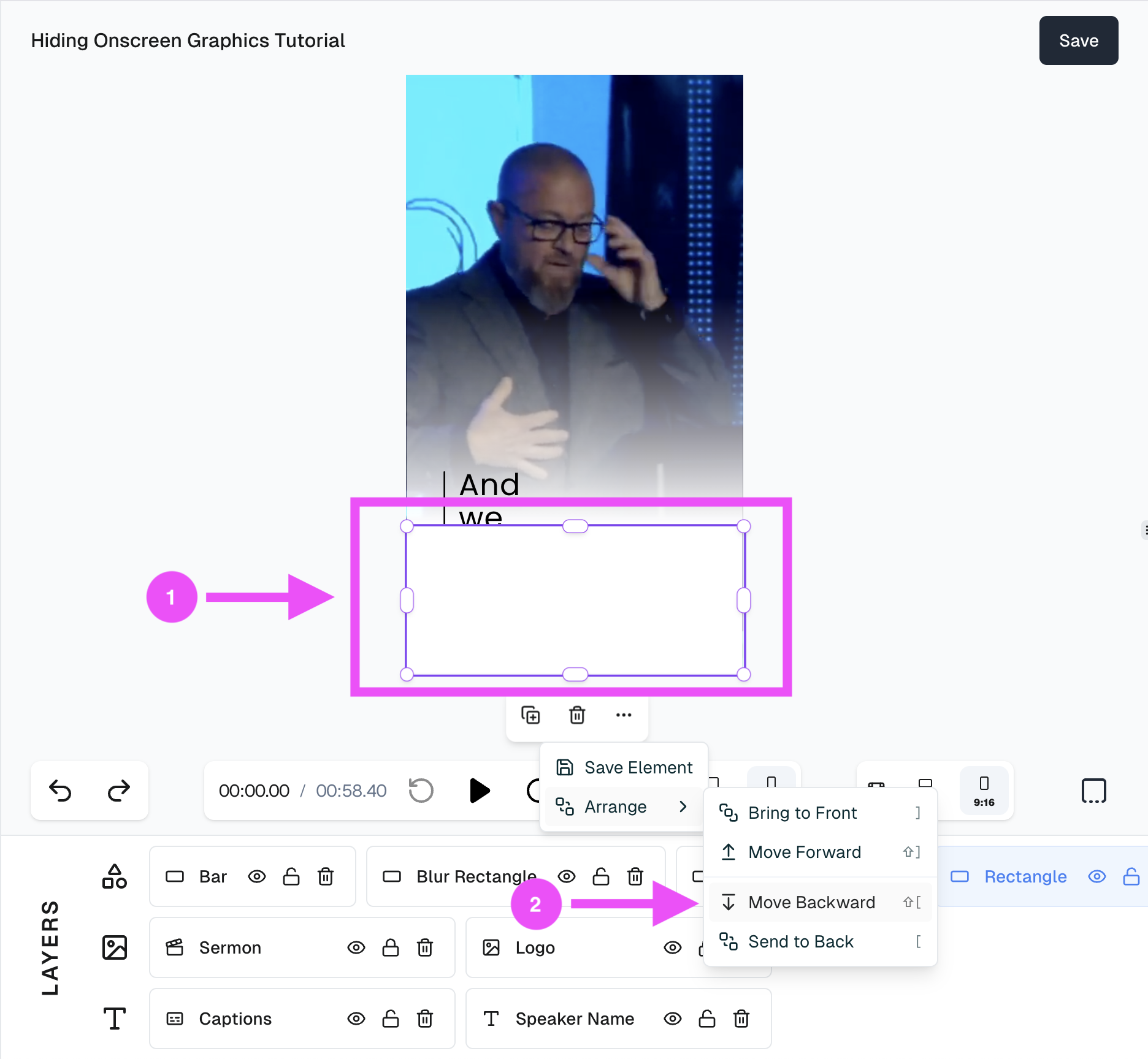 move rectangle element backwards to uncover visual elements